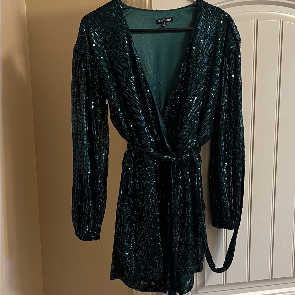 Fashion Nova Teal Sequin Jumpsuit
